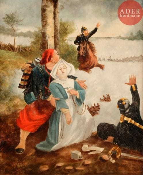 Louis JOURDAN (1872-1948)
Scène de guerre (zouave, nonne et deux prussiens)
Huile sur toile.
Signée et datée 1892 en bas à gauche.
60 x 50 cm