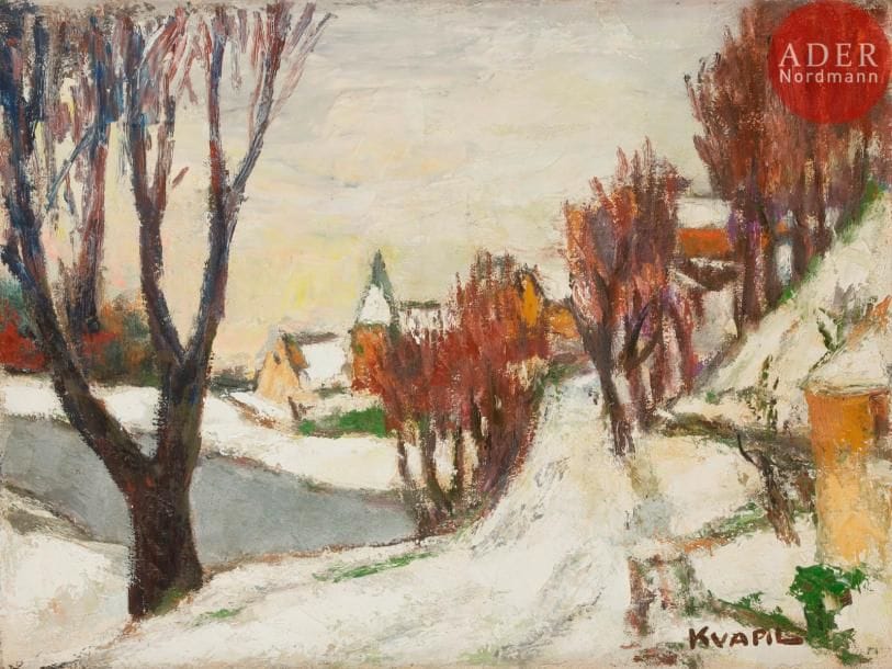 Charles KVAPIL (1884-1958)
Neige
Huile sur toile.
Signée en bas à droite.
Titrée au dos.
46 x 61 cm