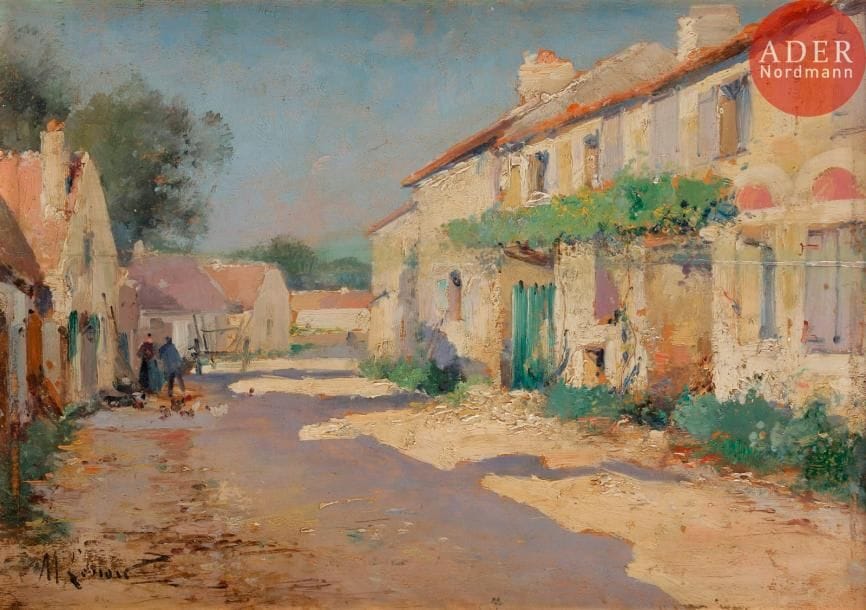 Maurice LENOIR (1872-1931)
Rue de village
Huile sur panneau.
Signée en bas à droite.
(Fente au panneau, restaurations).
22 x 32 cm