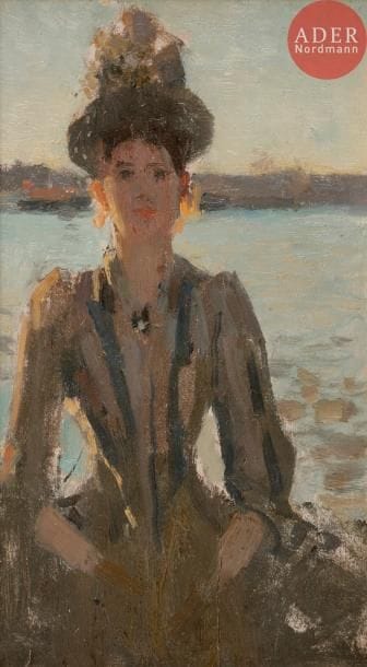 Albert LYNCH (1851-1912)
Portrait d’élégante dos au port
Huile sur panneau.
Signée au dos.
(Fente au panneau).
23 x 13.5 cm