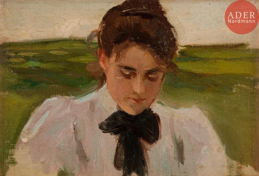 Albert LYNCH (1851-1912)
Portrait de jeune fille au ruban noué
Huile sur toile contrecollée sur panneau.
Signée au dos.
12 x 18 cm