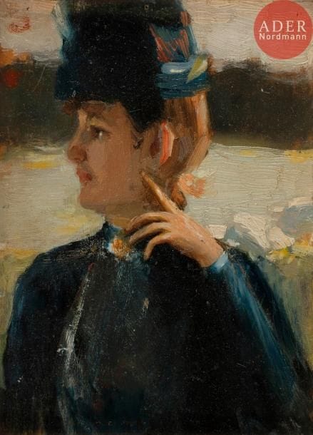Albert LYNCH (1851-1912)
Portrait de femme au chapeau de profil
Huile sur panneau.
Signée au dos.
19 x 13.5 cm