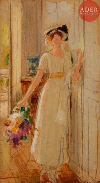 Albert LYNCH (1851-1912)
Élégante au bouquet
Huile sur carton.
Non signée.
18 x 10 cm