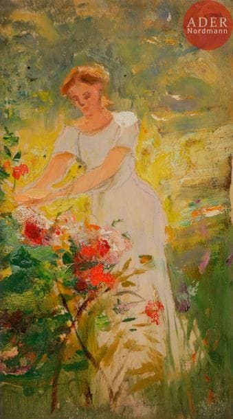 Albert LYNCH (1851-1912)
Femme au jardin
Huile sur panneau.
Signée au dos.
16 x 10 cm
