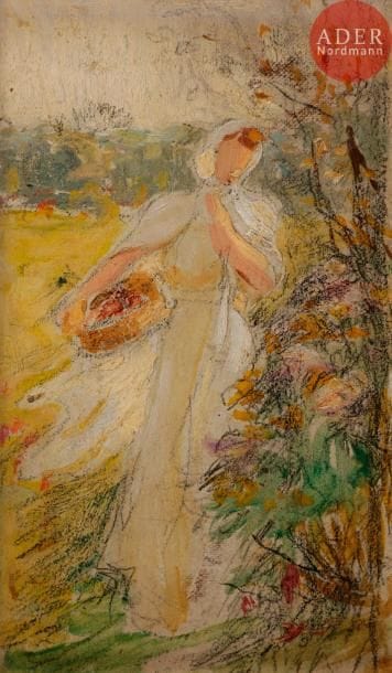 Albert LYNCH (1851-1912)
La Cueillette des fruits
Huile sur carton.
Signée au dos.
16 x 9.5 cm