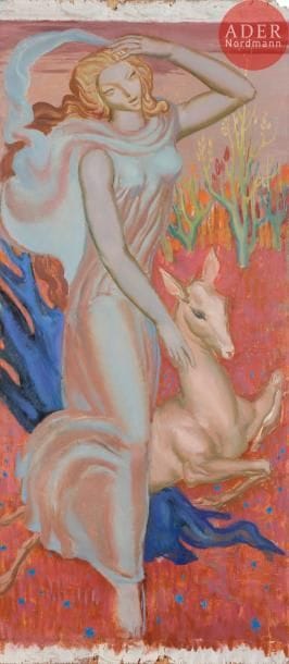 Paul MANTES (1920-2004)
Femme à la biche
Huile sur panneau.
Non signée.
80 x 36 cm