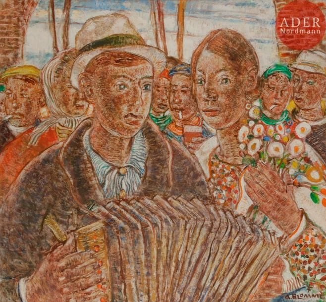 Alfons BLOMME (1889-1979)
L’Accordéoniste, 1969
Huile sur isorel.
Signée en bas à droite.
Signée et datée au dos.
80 x 85 cm