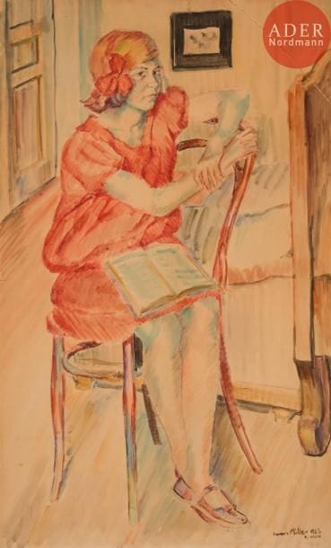 Szymon MÜLLER (1885-1942)
Jeune femme accoudée dans un intérieur
Aquarelle.
Signée et datée en bas à droite.
(Déchirures).
67.5 x 41.5 cm