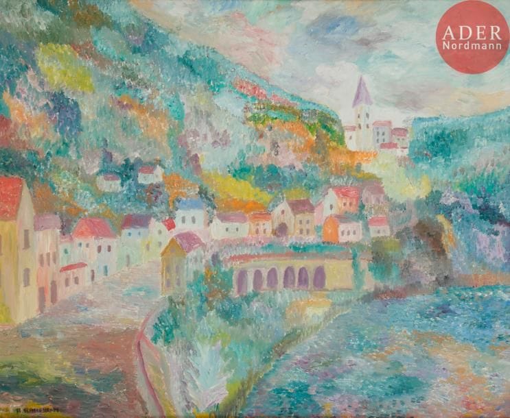 A. RAHMANI (XXe siècle)
Village, 1970
Huile sur toile.
Signée en bas à gauche.
Signée et datée au dos.
54 x 65 cm