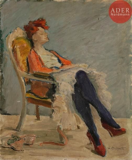 G. SCHMITT (XXe siècle)
Femme au fauteuil, 1953
Huile sur carton toilé.
Signée en bas à droite.
Signée et datée au dos.
46 x 38 cm