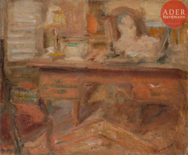 Lazare VOLOVICK (1902-1977)
Le Bureau
Huile sur toile.
Signée en bas à droite.
(Rentoilée).
38 x 46 cm