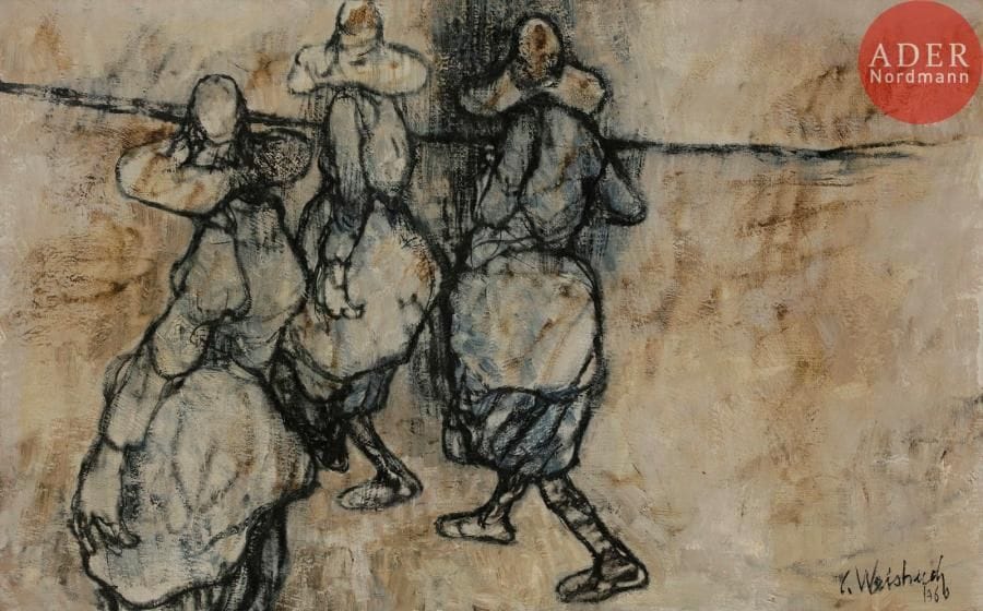 Claude WEISBUCH (1927-2014)
Trois personnages, 1962
Huile sur toile.
Signée et datée en bas à droite.
38 x 61 cm