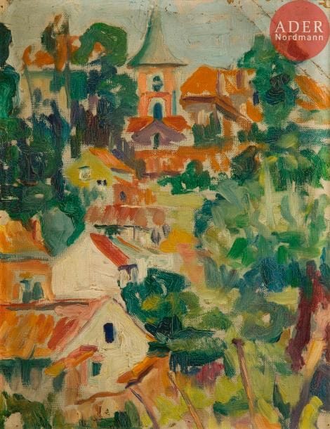 Jean BRUSSELMANS (attribué à)
Le Village, vers 1907
Huile sur toile marouflée sur panneau.
Étiquette au dos (Galerie Athénée Vente du 16/11/54 ; V. Bruan)
33 x 26 cm