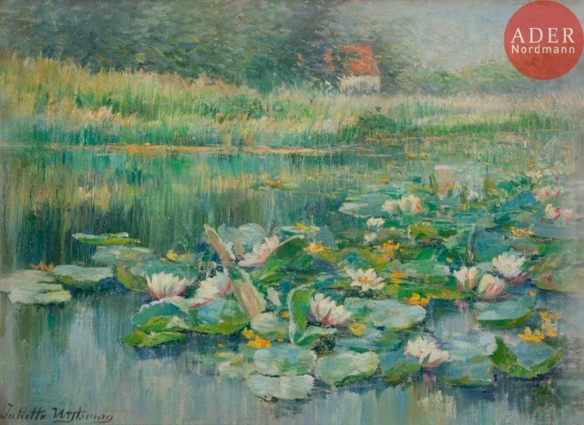 Juliette WYTSMAN (1866-1925)
Bruyelles, les Nénuphars
Huile sur toile.
Signée en bas à gauche.
Signée et titrée au crayon au dos sur le châssis.
33 x 46 cm