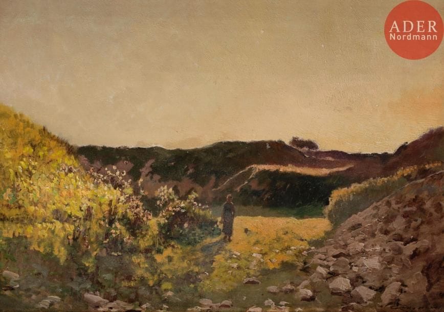 Émile CAGNIART (1851-1911)
Femme dans un paysage vallonné
Huile sur panneau.
Signée en bas à droite.
(Fente au panneau, restaurations).
31 x 43 cm