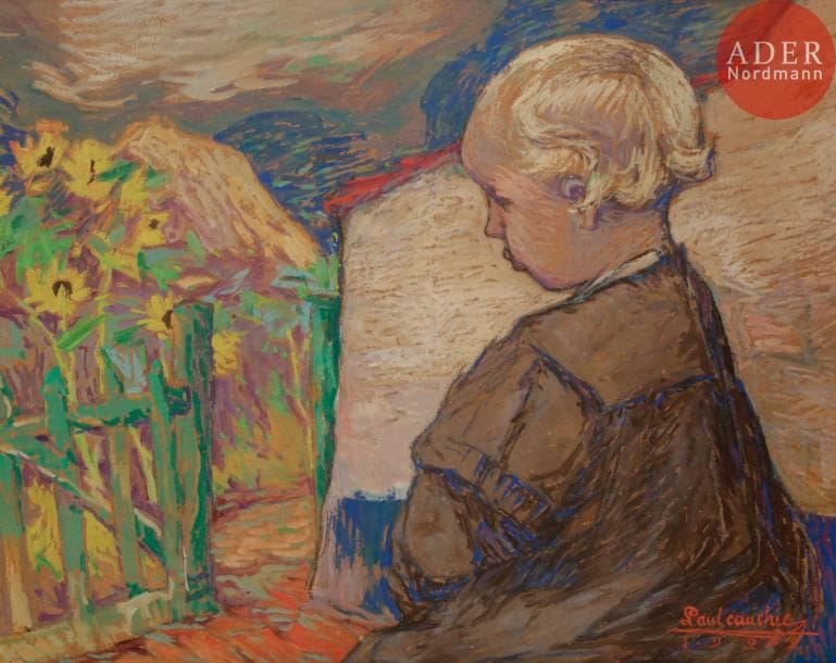 Paul CAUCHIE (1875-1952)
Le gosse
Gouache sur carton.
Signée et datée 1922 en bas à droite.
Signée, datée et titrée au dos sur le montage.
50 x 60 cm