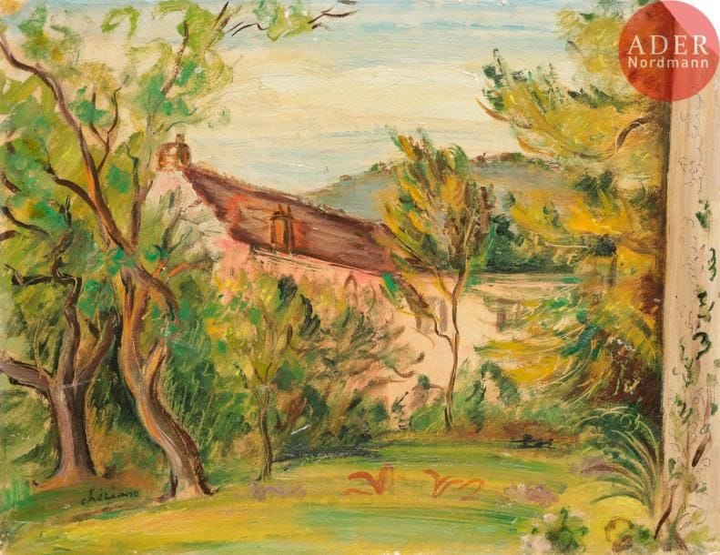 CHERIANE (1900-?)
La Maison rose à Nesles
Huile sur carton toilé.
Signée en bas à gauche. 
Signée et titrée au dos.
27 x 35 cm