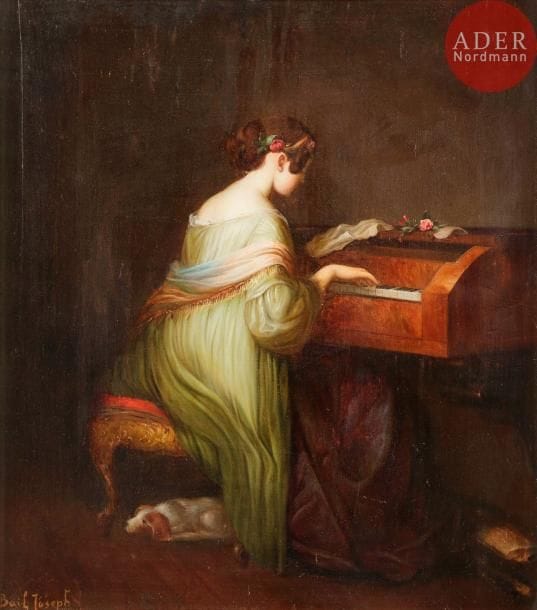 Joseph BAIL (1862-1921)
Femme au clavecin
Huile sur panneau.
Signée en bas à gauche.
41 x 36 cm