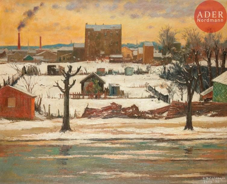 Georges DELPLANQUE (1903-1999)
Neige en banlieue, 1958
Huile sur toile.
Signée et datée en bas à droite.
81 x 100 cm