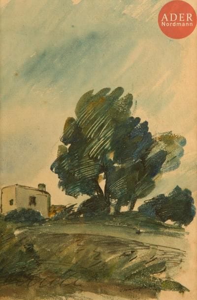 Raoul DOMENJOZ (1896-1978)
La Maison au sommet de la colline, 1927
Aquarelle.
Signée et datée en bas à droite.
28.5 x 19 cm