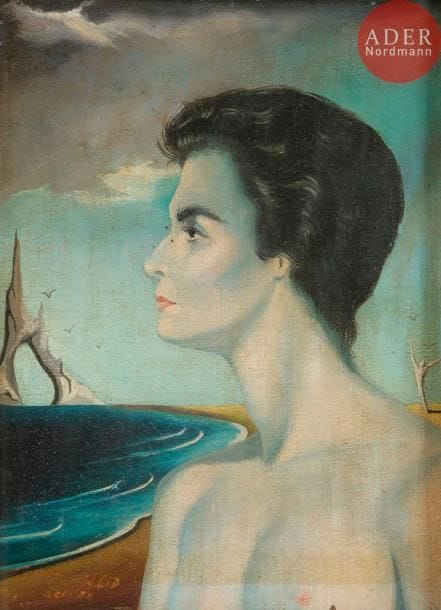 ÉCOLE MODERNE
Profil de femme surréaliste, 1958
Huile sur carton.
Signée et datée en bas à gauche.
22 x 18 cm