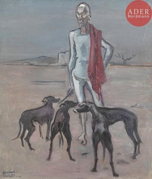 Raymond FEUILLATE (1901-1971)
L’Homme au chien, 1940
Huile sur toile.
Signée en bas à gauche.
Signée, datée et titrée au dos.
65 x 54 cm