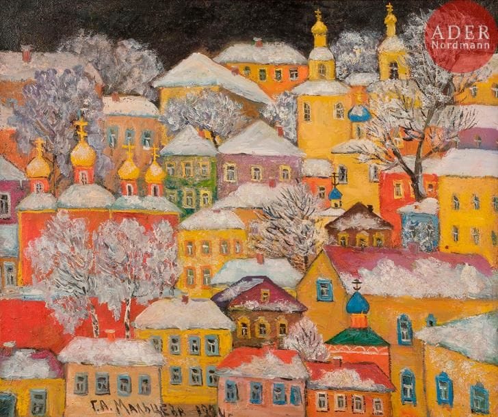 Galina Viktorovna MALTSEVA (né en 1953)
Paysage urbain aux églises. 1994
Huile sur toile marouflée sur carton.
Signée et datée en bas sur la gauche.
50 x 60 cm 

Галина Викторовна МАЛЬЦЕВА (род. в 1953)
Храмы в городе, 1994
Холст, наклеенный на картон, масло.
Подпись и дата внизу слева.
50 х 60 см