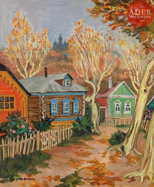 Yves BRAYER (1907-1990)
Isbas à Vladimir, 1974
Huile sur toile.
Signée en bas à gauche.
Datée et située au dos.
65 x 54 cm 

Cette œuvre est répertoriée dans le Catalogue Raisonné de l’œuvre peint (Tome 2), Éditions de la Bibliothèque des Arts, Lausanne, sous le numéro 3376.
L’église représentée sur le tableau est sans doute l’église de la Dormition de la Vierge (église de vieux-croyants), le monument le plus important de l’architecture de Vladimir du XVIIe siècle. Elle fut construite en remplacement d’une église en bois en 1644-1649, par les riches familles de marchands Denissov et Somov.

Ив БРАЙЕР (1907-1990)
Избы во Владимире, 1974
Холст, масло.
Подпись внизу слева. На обороте дата и название.
65 х 54 см
Произведение входит в каталог живописи художника (2-й том), издание Éditions de la Bibliothèque des Arts, Лозанна, под номером 3376.
Храм на картине, вероятно, Церковь Успения Пресвятой Богородицы (старообрядческая), главный памятник владимирского зодчества XVII-го века. В 1644-1649 гг. построена владимирскими купцами Денисовыми, Хмыловым и Сомовым на месте деревянной церкви.
