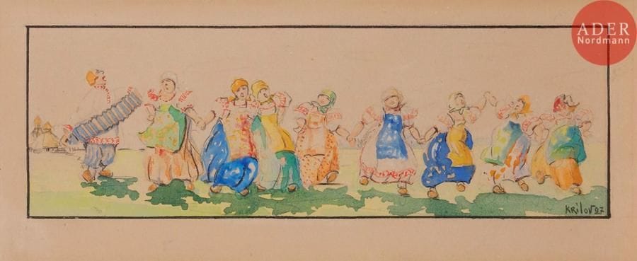 Boris Petrovich KRYLOV (KRILOV) (1891 - 1977)
Ronde au son du bandoléon, 1927
Aquarelle et mine de plomb.
Signée et datée 27 en bas à droite.
9,5 x 17,8  cm 

Борис Петрович КРЫЛОВ (1891 - 1977)
Танцующие под гармошку. 1927
Бумага, акварель и карандаш.
Подпись и дата 27 внизу справа.
9,5 х 17,8  см
