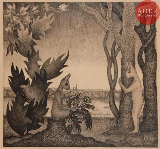 Valentina Evguenievna KROPIVNITSKAYA  (1924-2008)
Couple dans un paysage, 1976
Dessin au crayon gras.
Monogrammé et daté en bas à droite
33.5 x 37.5 cm 

Валентина Евгеньевна КРОПИВНИЦКАЯ (1924-2008)
Пара перед пейзажем, 1976
Бумага, жирный карандаш.
Монограмма с датой внизу справа
33.5 х 37.5 см