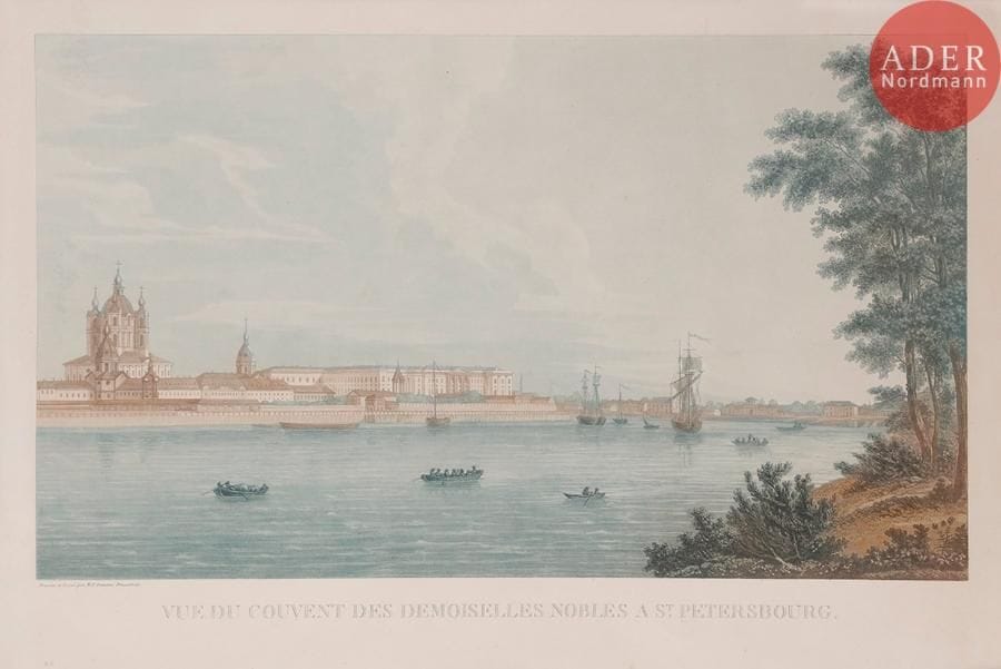 Michel-François DAMANE de MARTRAIS (DEMARTRAIS) (1763-1827)
Vue du couvent des demoiselles nobles à Saint-Pétersbourg
Aquatinte.
Dessinée et gravée par M. F. Damame Demartrais. De l’imprimerie de Bassand. [s.d.] (1813).
32,5 x 55,5cm (47,5 x 69cm avec marges). 

Cette estampe est la dix-huitième des 28 planches de l’album Vues des principales villes de Russie, costumes et usages des habitants de cet empire dessinés et gravés par M. F. Damame-Demartrais imprimé à Paris par de Bassand en 1813.

Мишель-Франсуа ДАМАМ ДЕ МАРТРЕ (ДЕМАРТРЕ) (1763 – 1827)
Вид института благородных девиц в Санкт-Петербурге.
Рисовал и гравировал М. Ф. Дамам Демартре. Типография Бассана [б.д.] (1813)
Акватинта, офорт, типографская подкраска.
32,5 х 55,5 см (лист 47,5 х 69 см)
Гравюра № 18 из альбома, содержащего 28 видов России: Vues des principales villes de Russie, costumes et usages des habitants de cet empire / Dessinés et gravés par M. F. Damame-Demartrais imprimé à Paris par de Bassand en 1813. («Виды главных городов России, костюмы и обычаи жителей империи». Рисовал и гравировал М. Ф. Дамам Демартре. Напечатан в Париже Бассаном в 1813 г.)