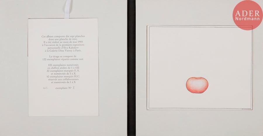 Ilya Iossifovitch KABAKOV (né en 1933)
Album « Bazar »
Album réalisé en 1985 à l’occasion de la première exposition de Kabakov à la galerie Dina Vierny.
Numéro I (sur 10) hors commerce réservé aux collaborateurs. Tirage 120 exemplaires, dont 10 épreuves d’artiste et 10 hors commerce.
9 planches de texte, 8 planches de dessins
Dimensions des textes : 34 x 24 cm, des dessins : 29 x 36 cm et du cartonnage : 48 x 45 cm 

Dina Vierny (1919-2008) modèle de Maillol, a lié amitié avec Kabakov à Moscou, lorsqu’il n’était encore qu’un artiste non-conformiste.

Илья Иосифович КАБАКОВ (род. в 1933)
Базар
Альбом изготовлен в 1985 по случаю первой выставки Кабакова в галерее Дина Верни (Dina Vierny).
Носит номер I, из десяти, предназначенных не для продажи, а для сотрудников. Общий тираж 120 экземпляров, включая 10 авторских отпечатков и 10 оттисков вне тиража. 
9 листов текста и 8 листов литографированных рисунков, в картонной коробке, обтянутой черной тканью.
34 х 24 см (листы с текстом), 29 х 36 см (листы с рисунками) и 48 х 45 см (коробка)
Дина Верни (1919 - 2008) французская натурщица и галеристка, искусствовед, муза скульптора Аристида Майоля , подружилась с Кабаковым в Москве, тогда бывшим только неофициальным художником среди прочих.