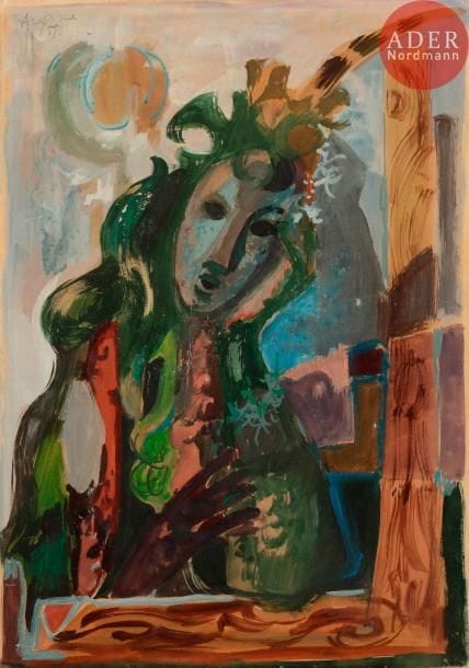 Jean AUJAME (1905-1965)
Portrait de femme au bouquet, 1959
Gouache vernie sur papier contrecollé sur toile.
Signée et datée en haut à droite.
59.5 x 42.5 cm