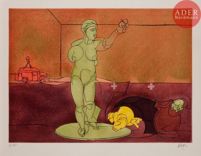 Valerio ADAMI [italien] (né en 1935)
Femme debout
Lithographie.
Signée et numérotée sur 75.
60 x 84 cm