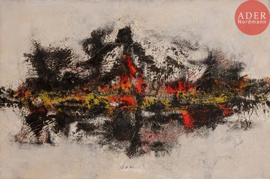 Don FINK [américain] (né en 1923)
Rising Island, 1958
Huile sur toile.
Signée et datée en bas à gauche.
Signée et datée au dos.
61 x 92 cm
- Provenance : 
Saidenberg Gallery, New-York (étiquette au dos).
- Exposition : 
Annual exhibition, Paintings - Sculptures - Watercolors - Drawings, Whitney Museum of American Art, November 19, 1958 - January 4, 1959, n°75 (étiquette au dos).