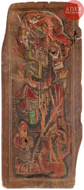 GENEVIÈVE (1913-2009)
Personnage, 1958
Panneau de porte peint.
Signé et daté en bas à droite.
49.5 x 22 cm