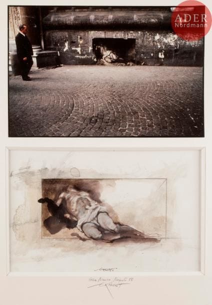 Ernest PIGNON-ERNEST (né en 1942)
Gesu Nuovo, Napoli, 1988
Technique mixte sur papier et tirage argentique.
Signée et datée en pied.
Signée, datée et titrée sur le montage.
Dessin : 19 x 29 cm
Photographie : 19.5 x 29 cm