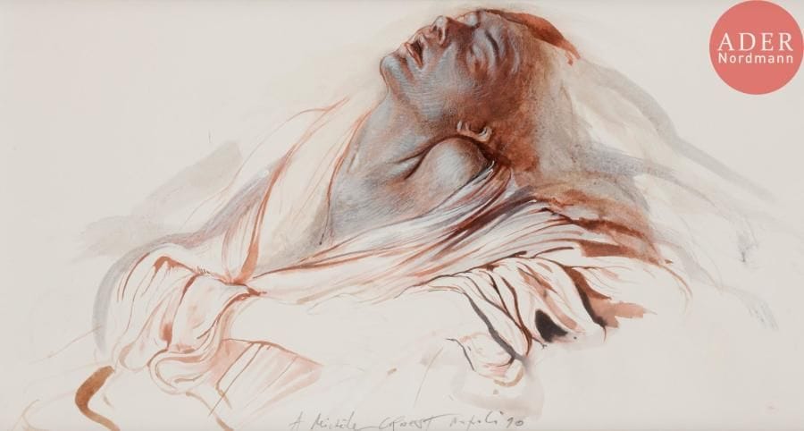 Ernest PIGNON-ERNEST (né en 1942)
Femme endormie, 1990
Technique mixte sur papier et 2 tirages argentiques.
Signée, datée et dédicacée en pied.
Dessin : 20 x 38 cm
Photographies : 20 x 28.5 cm chacune