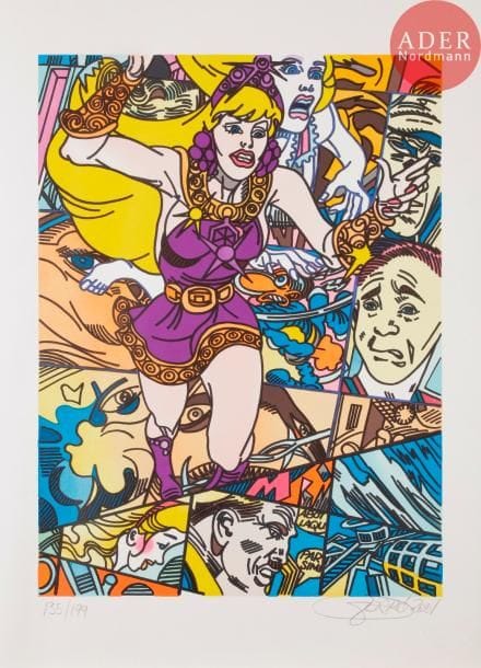 Gudmundur ERRO [islandais] (né en 1932)
Héroïne de bande dessinée, 2001
Lithographie.
Signée, datée et numérotée sur 199.
76 x 56 cm