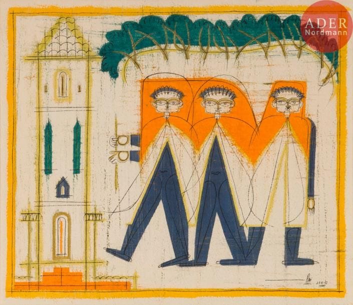 Laxman PAI [indien] (né en 1926)
Les Trois chrétiens, 1957
Encre et aquarelle.
Signée et datée en bas à droite.
33 x 38 cm