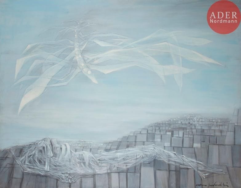 Cesare PEVERELLI [italien] (1922-2000)
Sur la ville elle plane, vers 1960
Huile sur toile.
Signée en bas à droite.
180 x 230 cm
Expositions : 
- École de Paris, 1960, Galerie Charpentier, Paris (étiquette au dos).
- Peverelli, Musée d’Art Moderne de la Ville de Paris, n°40 (étiquette au dos). 
- Le Surréalisme, Galerie des Beaux-Arts, Bordeaux, 30 avril-1er septembre 1971, n°200 (étiquette au dos).