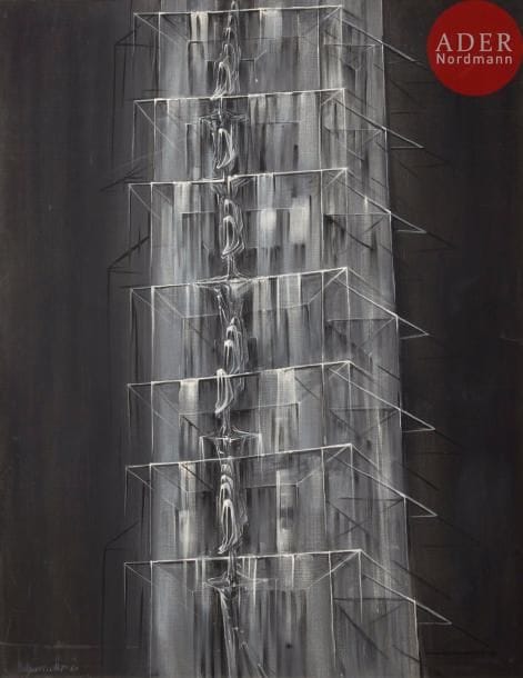 Cesare PEVERELLI [italien] (1922-2000)
L’Ascenseur, 1960
Huile sur toile.
Signée et datée en bas à gauche.
Titrée au dos sur une étiquette.
146 x 114 cm
Expositions : 
- Peverelli, Musée d’Art Moderne de la Ville de Paris, n°20 (étiquette au dos). 
- XXXe Biennale Internazionale d’Arte di Venezia, 1960, n°124.