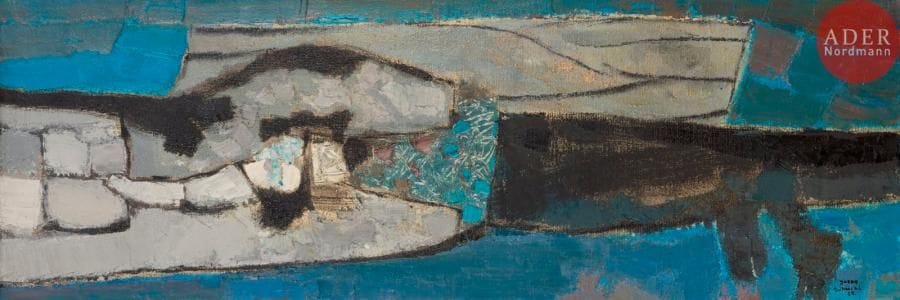 Yasse TABUCHI [japonais] (1921-2009)
Paysage bleu, 1955
Huile sur toile.
Signée et datée en bas à droite.
31 x 92 cm