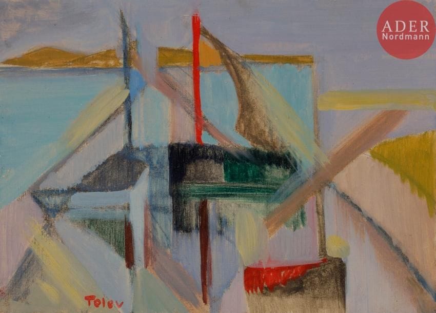 Jeanne Ravel dite TOLEV (1913-?)
Bateaux
Huile sur toile.
Signée en bas à gauche.
16 x 22 cm