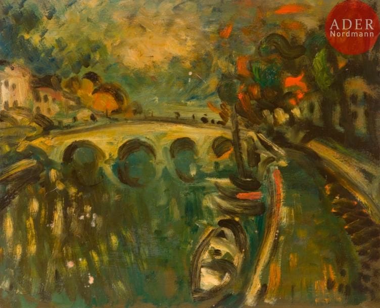 Sylvain VIGNY (1902-1970)
Pont en ville
Huile sur carton.
Signée en bas à droite.
38 x 46 cm