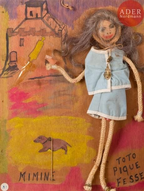 Geneviève CARBONETTO (XXe siècle)
Toto pique fesse
Peinture et collage de poupée sur panneau.
47 x 36 cm
