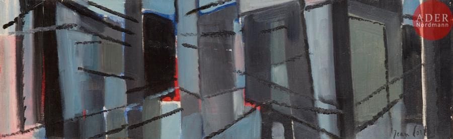 Jean CORTOT (né en 1925)
Ville, 1953
Huile sur panneau toilé.
Signée en bas à droite.
Signée, datée et titrée au dos.
15 x 50 cm
