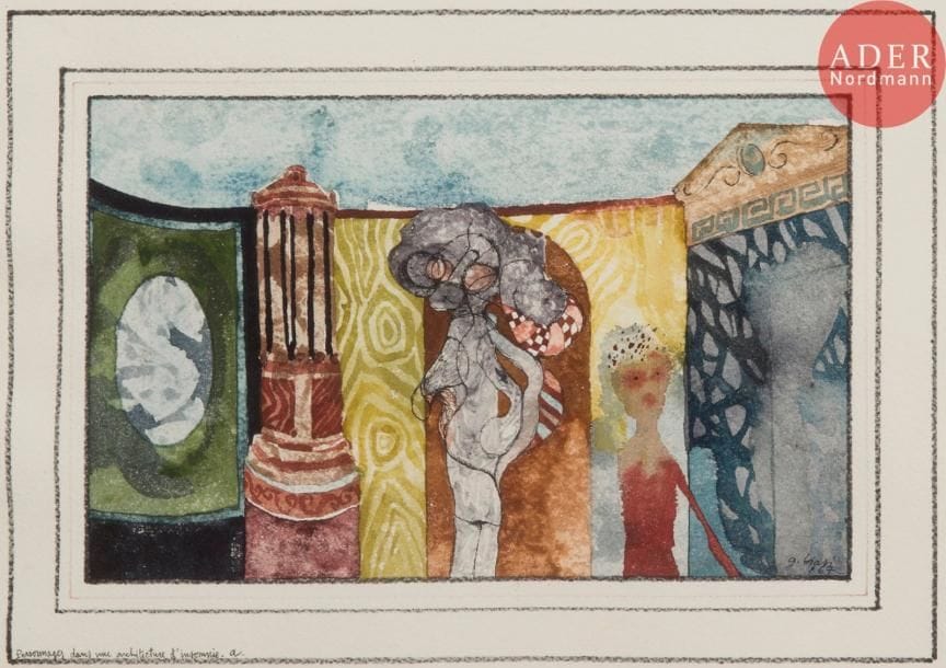 Guido BIASI [italien] (1933-1983)
Personnage dans une architecture d’insomnie, 1967
Encre et aquarelle.
Signée et datée en bas à droite.
Titrée en bas à gauche.
24 x 34 cm