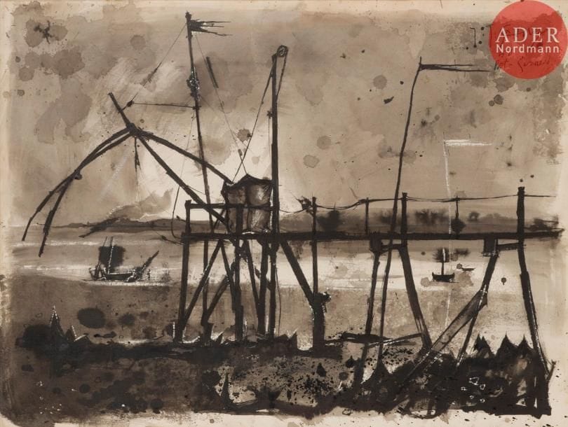 Yves GANNE (né en 1931)
Port Giraud, 1950
Lavis.
Signé, daté et situé en haut à droite.
48 x 64 cm