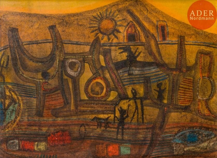Henri HEERBRANT [belge] (1912-1982)
Terre engloutie, 1951
Technique mixte sur papier.
Signée et datée en bas à droite.
29 x 40 cm
Exposition : 
XXVIIe exposition biennale internationale des Beaux-Arts, Venise, 1954, n°275 (étiquette au dos).